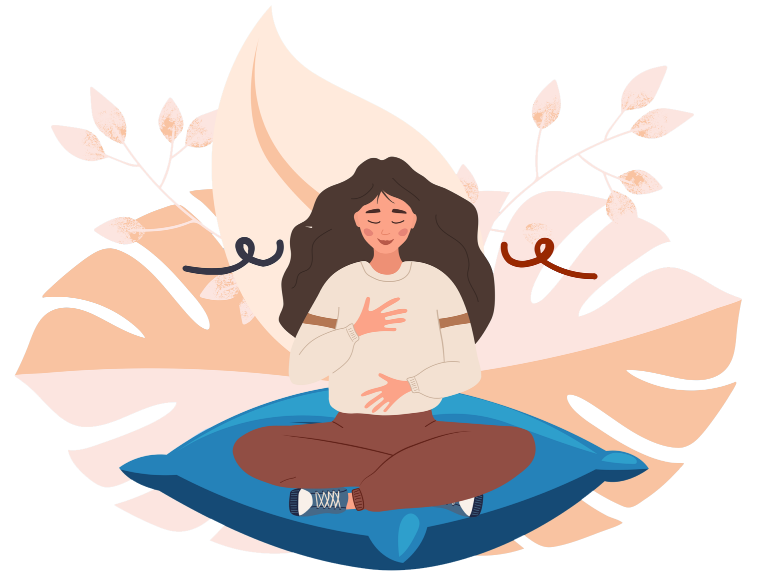 Frau sitzt auf Yogakissen mit den Händen am Brustkorb. Yoga, Selbstliebe 